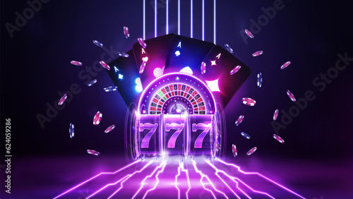 Casino poster with purple neon casino roulette, neon slot machine, neon playing cards and poker chips on dark background. Casino software concept