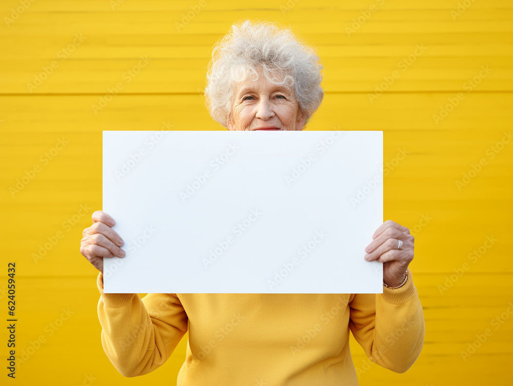 An elderly woman holds a blank white sheet of paper in her hands on a yellow background, Ai Generation An elderly woman holds a blank white sheet of paper in her hands on a yellow background, Ai Generation