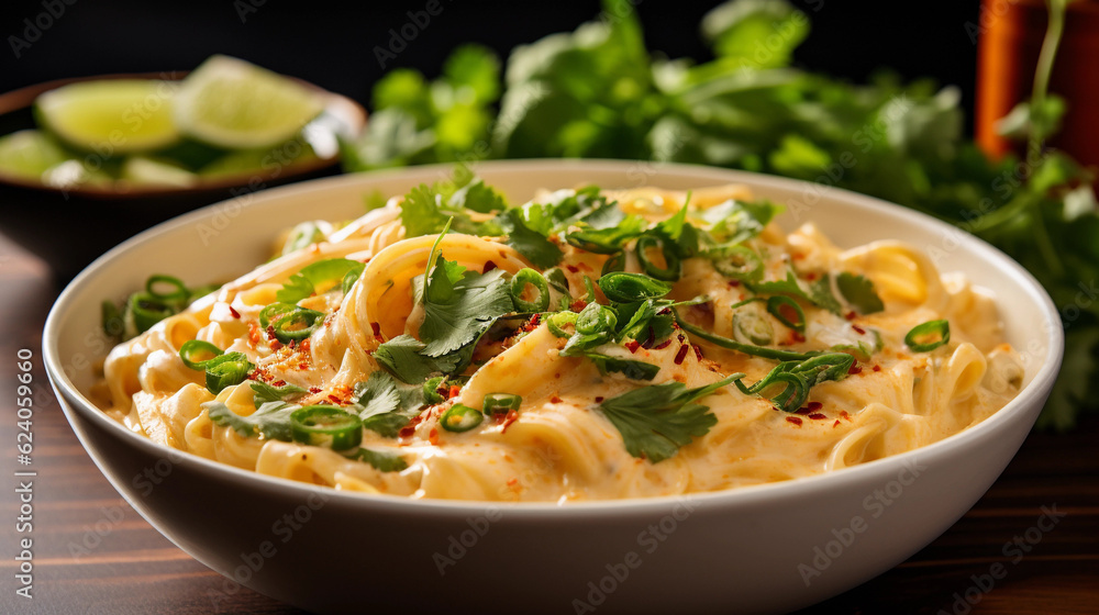 A bowl of creamy and aromatic coconut curry noodles, garnished with cilantro and lime wedges A bowl of creamy and aromatic coconut curry noodles, garnished with cilantro and lime wedges