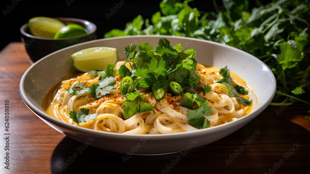 A bowl of creamy and aromatic coconut curry noodles, garnished with cilantro and lime wedges A bowl of creamy and aromatic coconut curry noodles, garnished with cilantro and lime wedges