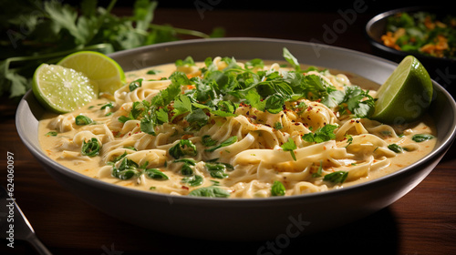 A bowl of creamy and aromatic coconut curry noodles  garnished with cilantro and lime wedges