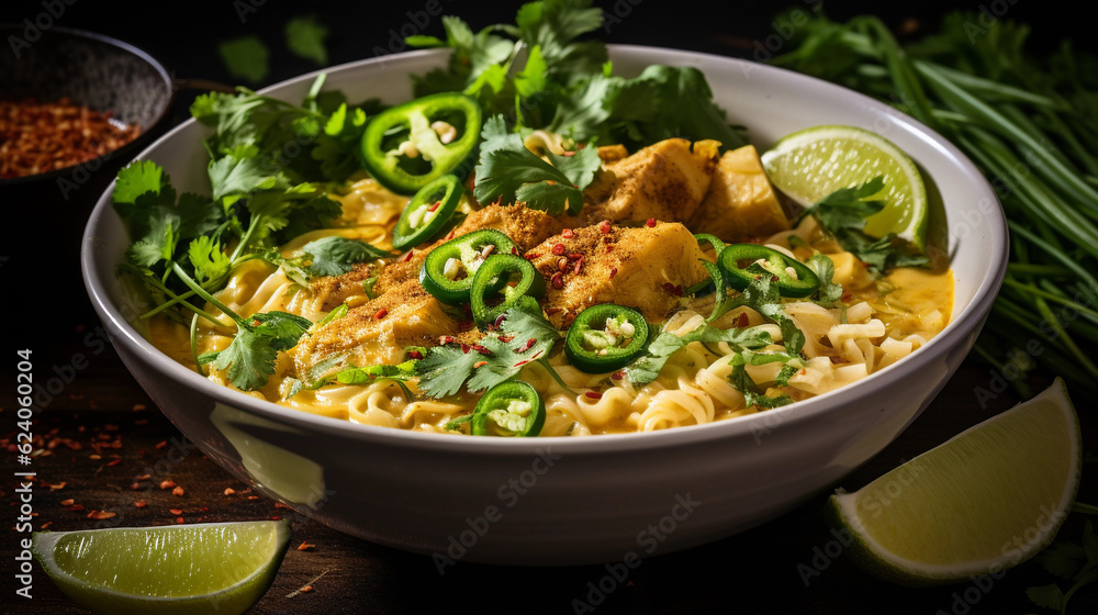 A bowl of creamy and aromatic coconut curry noodles, garnished with cilantro and lime wedges A bowl of creamy and aromatic coconut curry noodles, garnished with cilantro and lime wedges