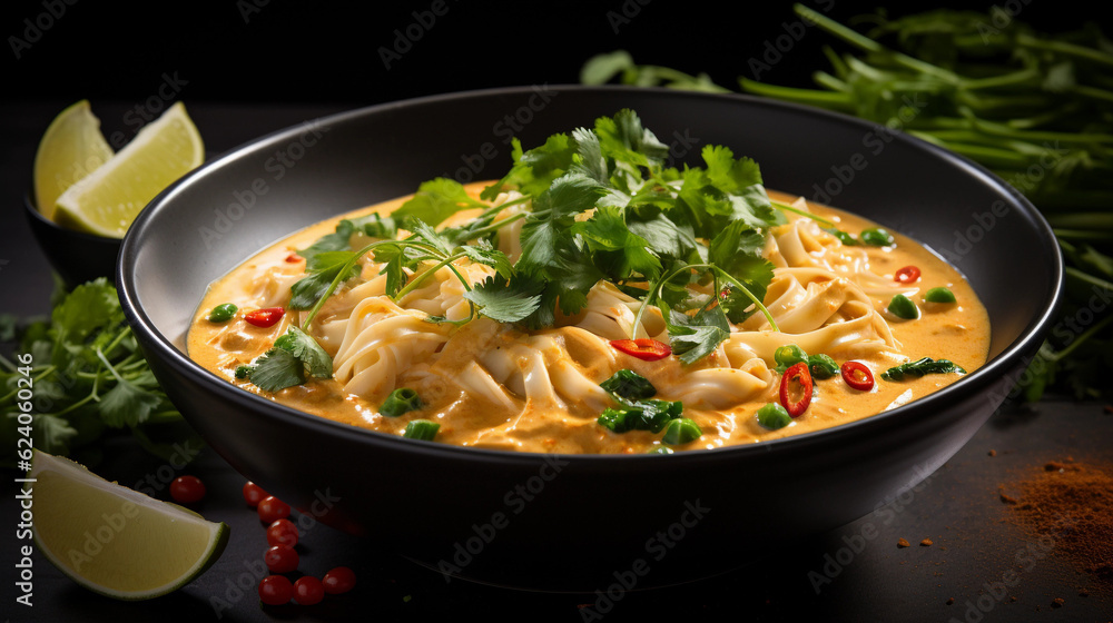 A bowl of creamy and aromatic coconut curry noodles, garnished with cilantro and lime wedges