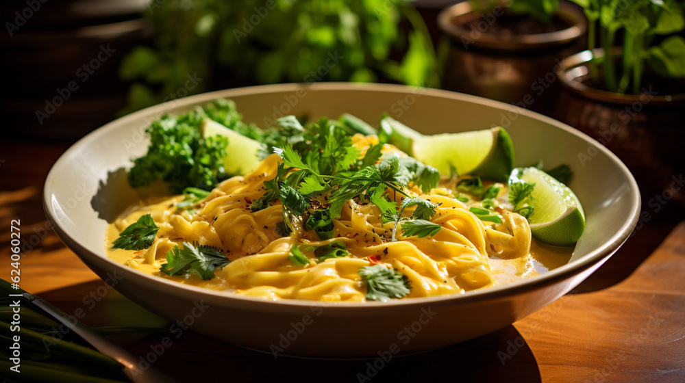 A bowl of creamy and aromatic coconut curry noodles, garnished with cilantro and lime wedges A bowl of creamy and aromatic coconut curry noodles, garnished with cilantro and lime wedges