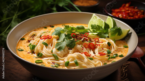A bowl of creamy and aromatic coconut curry noodles  garnished with cilantro and lime wedges
