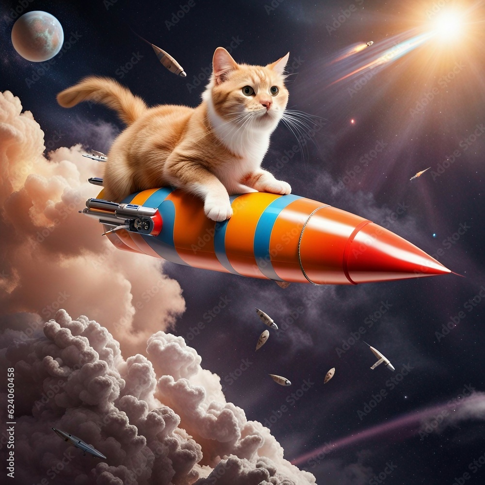 pilot cat riding rocket