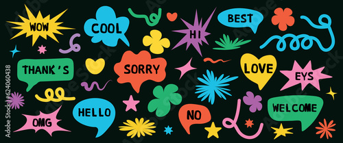 A set of abstract retro shapes with the slogan Hello, Welcome, Love, Sorry, etc. A modern set of vector stickers in the style of the 90s.