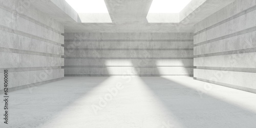 Fototapeta Naklejka Na Ścianę i Meble -  Abstract empty, modern concrete room with structured walls, sunlight shadow from double roof opening and rough floor - industrial interior background template