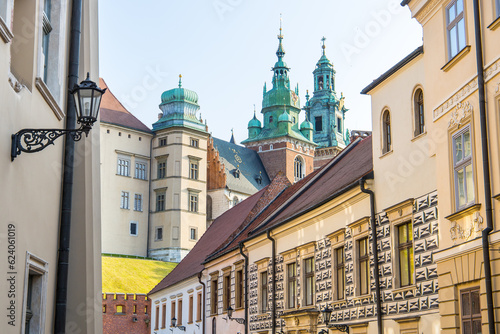 Krakow in Poland, street near the cathedral with picturesque buildings