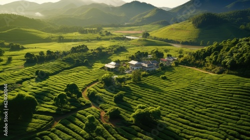 Aerial view of tea plantation is foggy in the morning, vietnam. Generative Ai