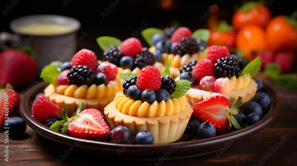 A tray of bite-sized fruit tarts, filled with creamy custard and topped with a variety of fresh fruits A tray of bite-sized fruit tarts, filled with creamy custard and topped with a variety of fresh fruits