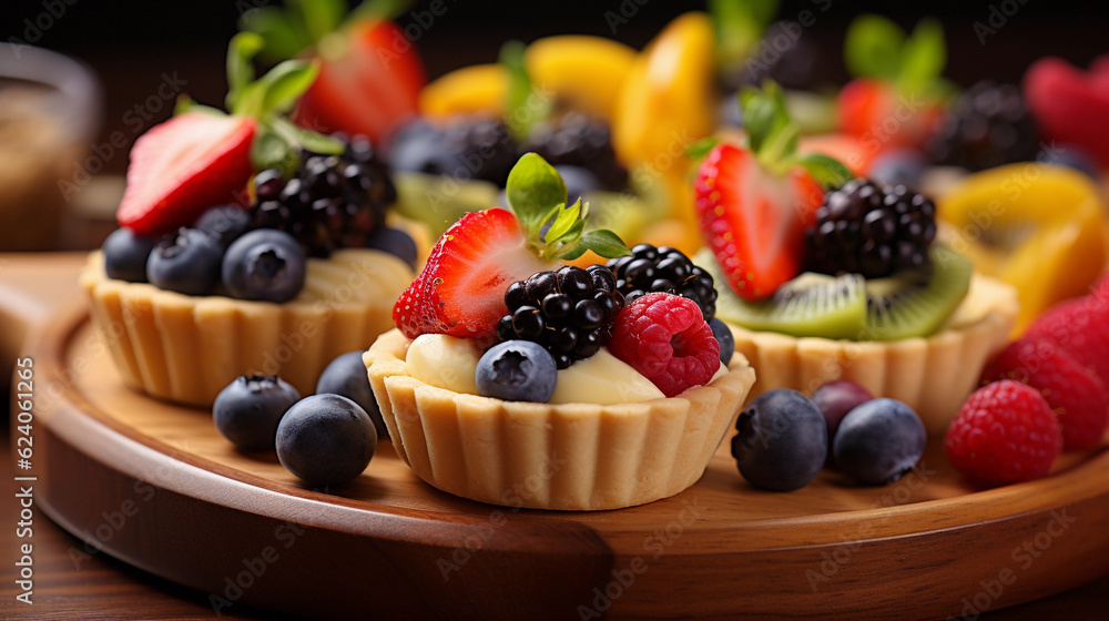 A tray of bite-sized fruit tarts, filled with creamy custard and topped with a variety of fresh fruits A tray of bite-sized fruit tarts, filled with creamy custard and topped with a variety of fresh fruits