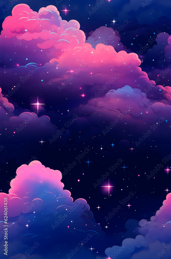 pink and dark blue clouds and stars illustration repeating tile pattern made with generative ai 