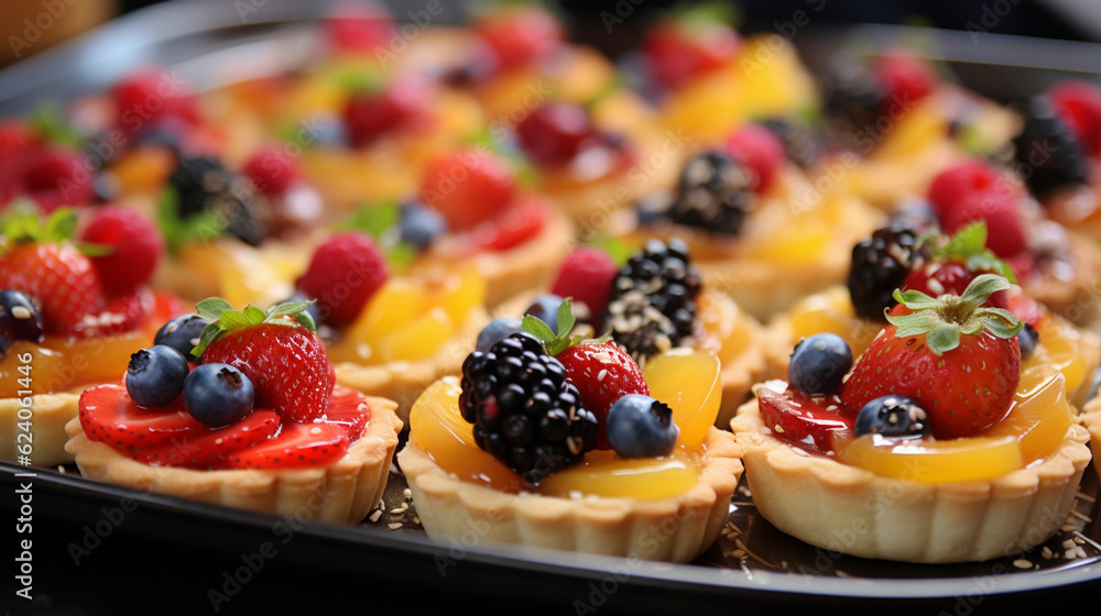 A tray of bite-sized fruit tarts, filled with creamy custard and topped with a variety of fresh fruits A tray of bite-sized fruit tarts, filled with creamy custard and topped with a variety of fresh fruits