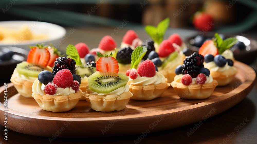 A tray of bite-sized fruit tarts, filled with creamy custard and topped with a variety of fresh fruits A tray of bite-sized fruit tarts, filled with creamy custard and topped with a variety of fresh fruits
