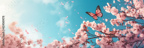 The butterfly is flies by Pink cherry blossoms branch on the blurred blue sky background. Long banner with Spring flowers of cherries tree.