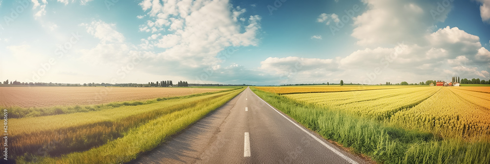 An empty asphalt road runs between a field of ripe wheat and small farm houses. Long banner with road, field, sky and farm house.