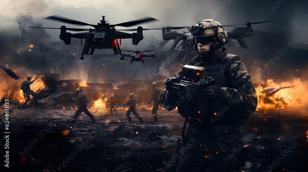 un militaire opérateur de drone en situation de combat - obrazy, fototapety, plakaty 