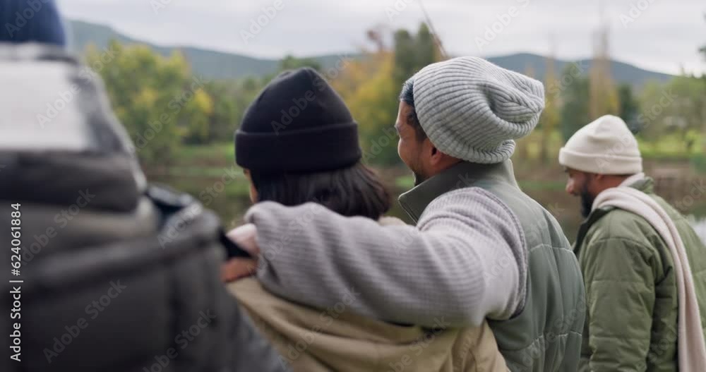 Back, walking and a couple of friends on a fishing trip by a lake in nature together while on holiday or vacation. Travel, adventure and a group of young men and women in the wilderness to explore Back, walking and a couple of friends on a fishing trip by a lake in nature together while on holiday or vacation. Travel, adventure and a group of young men and women in the wilderness to explore