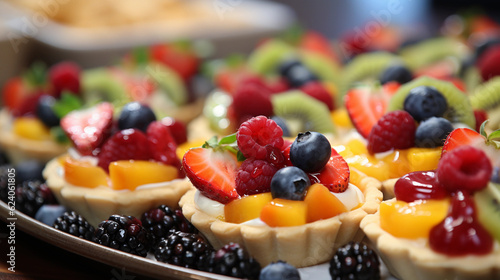 A tray of bite-sized fruit tarts, filled with creamy custard and topped with a variety of fresh fruits