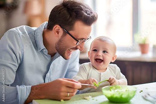 father feeding fruit veggetable puree to a baby Generative AI photo
