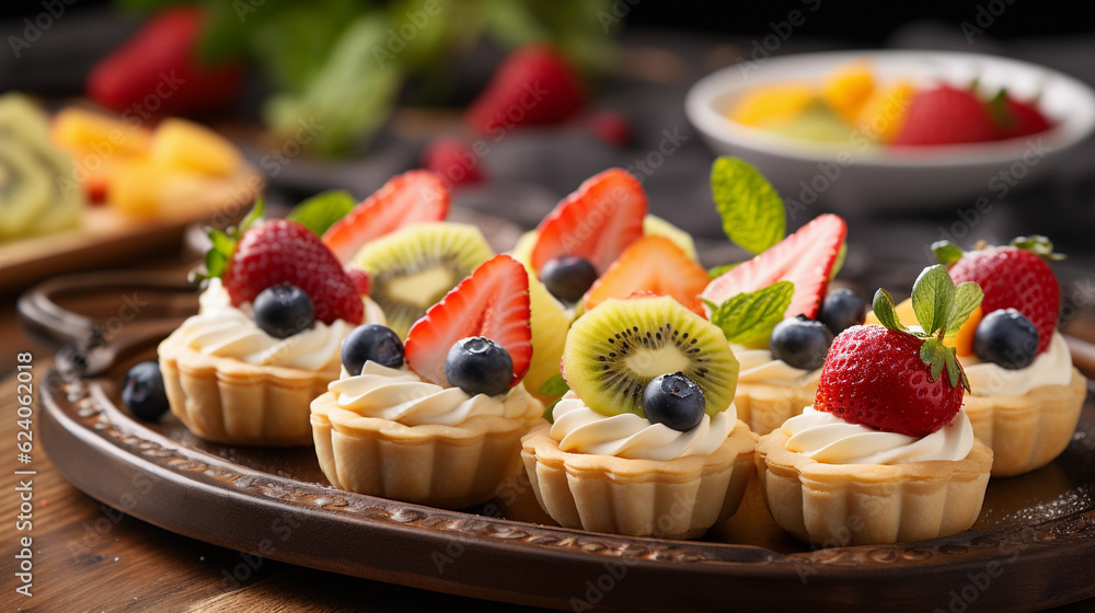 A tray of bite-sized fruit tarts, filled with creamy custard and topped with a variety of fresh fruits A tray of bite-sized fruit tarts, filled with creamy custard and topped with a variety of fresh fruits