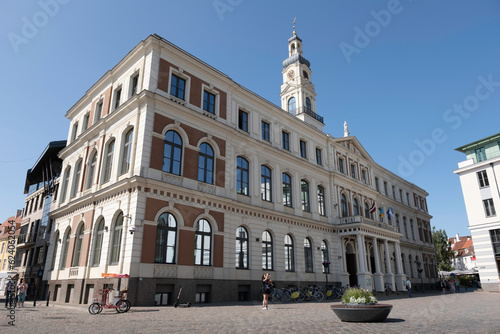 Riga City Council on the Town Hall square, government of Riga city, the capital of Latvia. There are many people in the town hall square