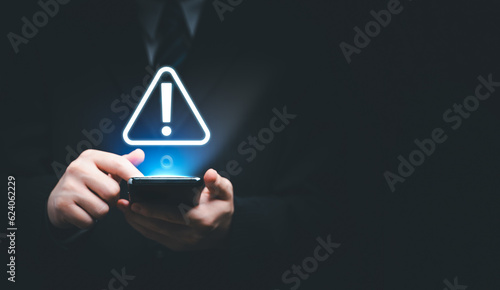 Fototapeta Naklejka Na Ścianę i Meble -  Cybersecurity, Cyber attack, System hacker Concept. Business man hacked on phone, network, vulnerability, illegal connection, Malicious software, data breach virus, cybercrime, compromised information