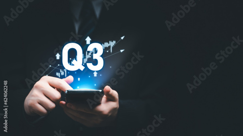 Business Profit growth, Financial report, Third quarter Concept. 3rd quarter positive growth performance report on smartphone, increasing financial, Q3, stock, analysis, Business chart, success.