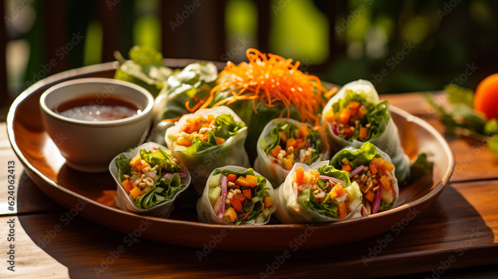 A plate of colorful and refreshing summer rolls, filled with fresh vegetables and served with peanut dipping sauce A plate of colorful and refreshing summer rolls, filled with fresh vegetables and served with peanut dipping sauce