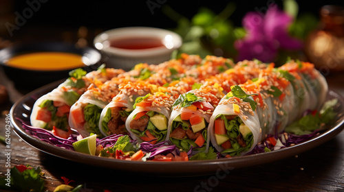 A plate of colorful and refreshing summer rolls, filled with fresh vegetables and served with peanut dipping sauce