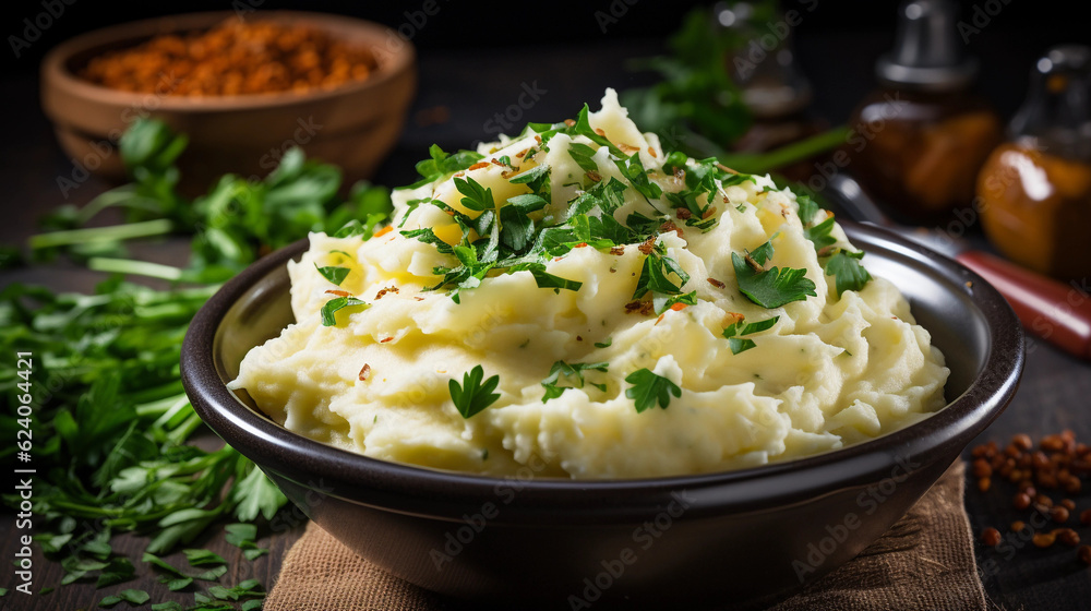A bowl of comforting and creamy mashed potatoes, garnished with fresh herbs A bowl of comforting and creamy mashed potatoes, garnished with fresh herbs