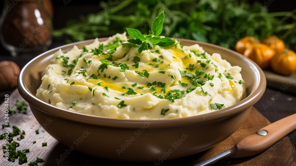A bowl of comforting and creamy mashed potatoes, garnished with fresh herbs A bowl of comforting and creamy mashed potatoes, garnished with fresh herbs