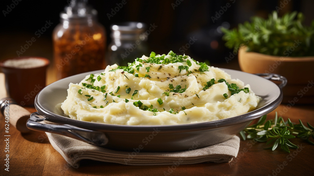 A bowl of comforting and creamy mashed potatoes, garnished with fresh herbs A bowl of comforting and creamy mashed potatoes, garnished with fresh herbs