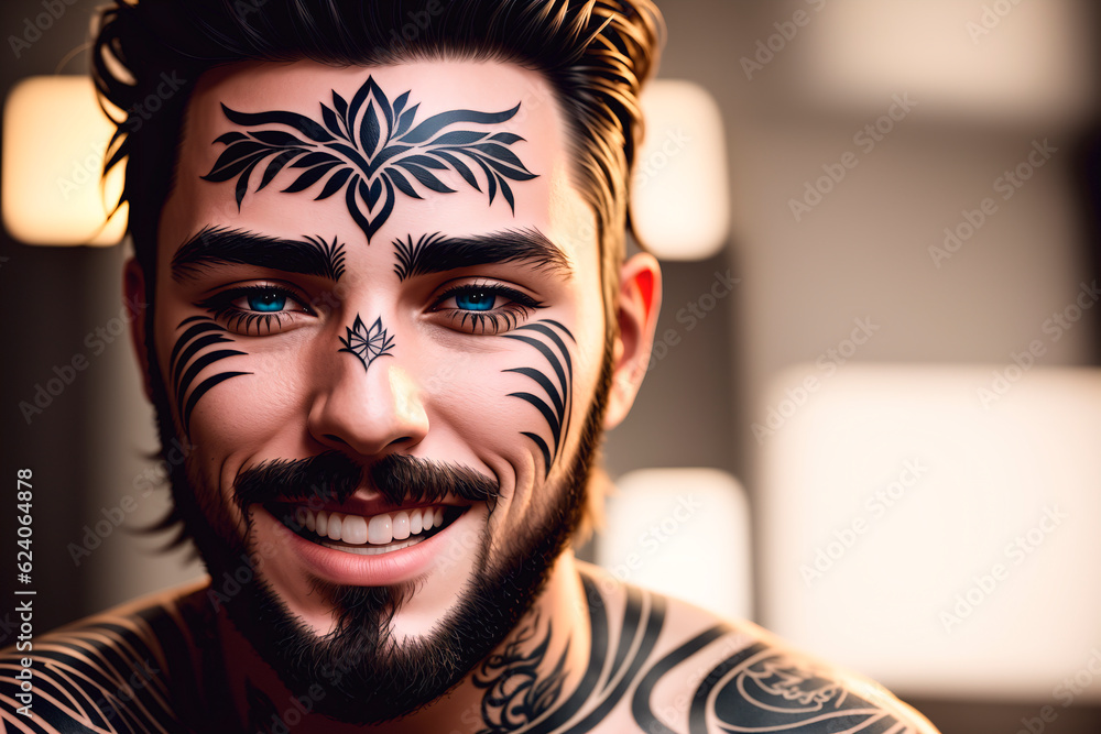 Portrait of a beautiful young man with tattoo on her body and face. Generative AI.