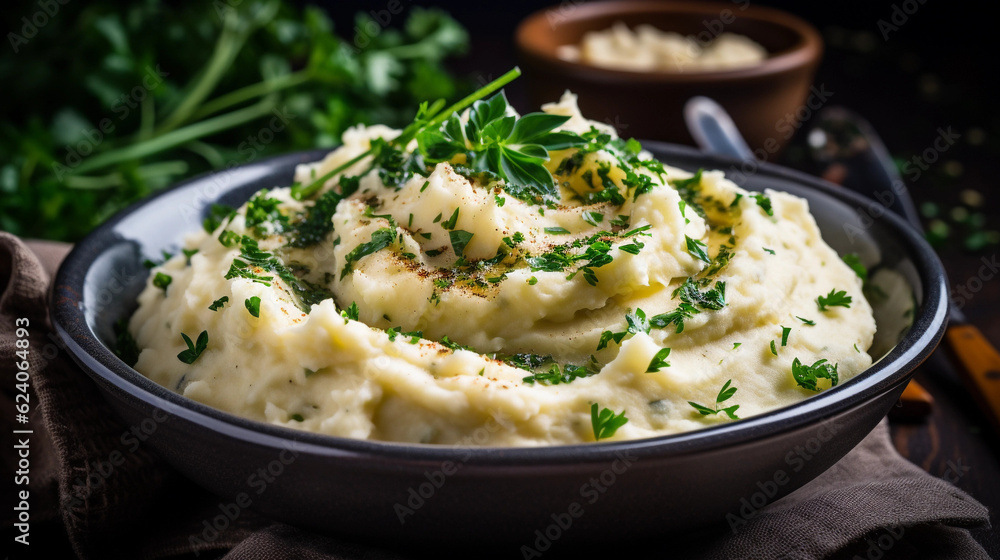 A bowl of comforting and creamy mashed potatoes, garnished with fresh herbs A bowl of comforting and creamy mashed potatoes, garnished with fresh herbs
