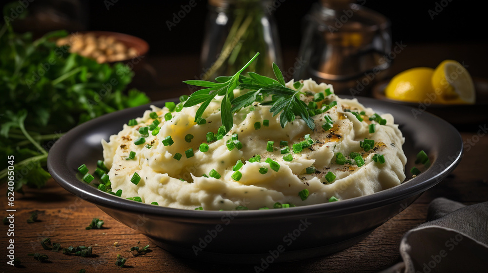 A bowl of comforting and creamy mashed potatoes, garnished with fresh herbs A bowl of comforting and creamy mashed potatoes, garnished with fresh herbs