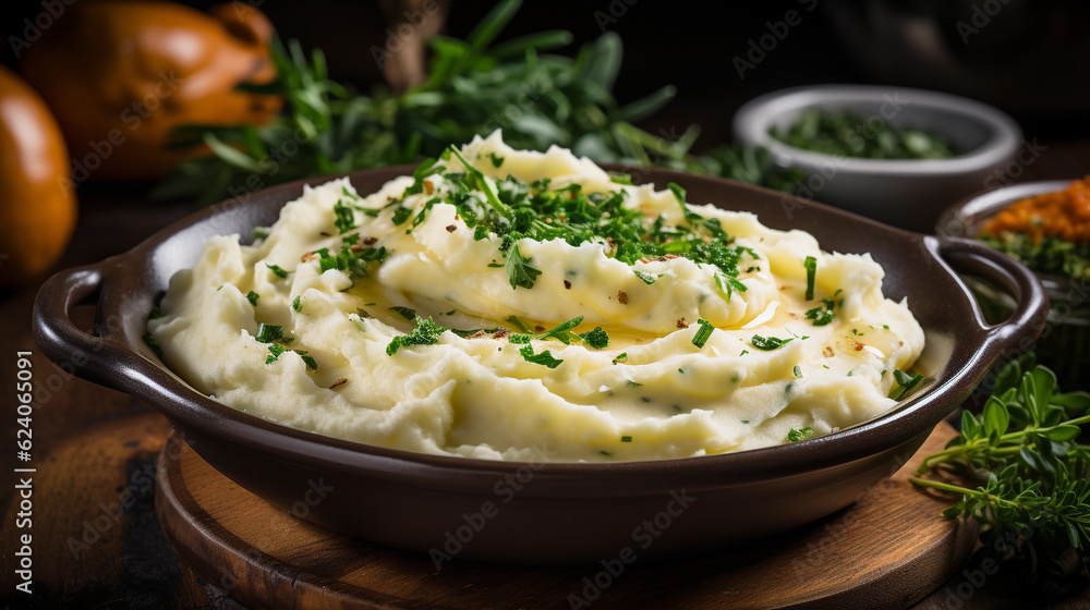 A bowl of comforting and creamy mashed potatoes, garnished with fresh herbs A bowl of comforting and creamy mashed potatoes, garnished with fresh herbs
