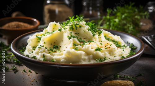 A bowl of comforting and creamy mashed potatoes, garnished with fresh herbs