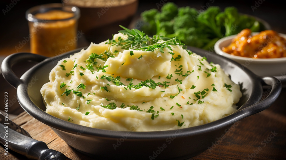 A bowl of comforting and creamy mashed potatoes, garnished with fresh herbs