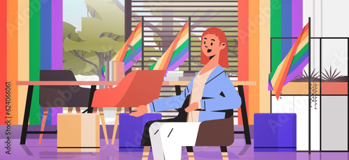 girl sitting in office lgbt rainbow flag transgender love generation Z concept horizontal