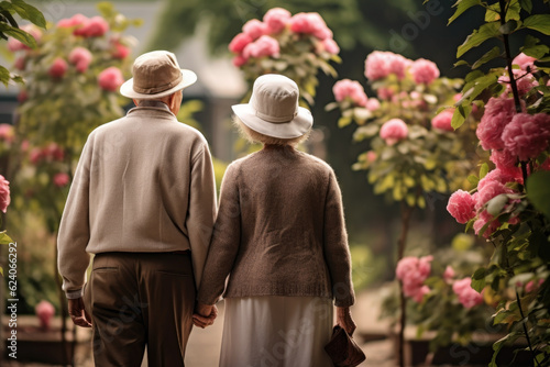 Back view of senior couple walking in the garden. Generative Ai