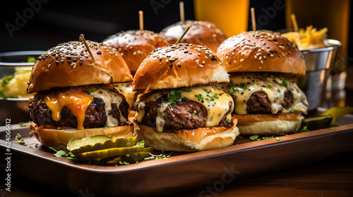 A platter of flavorful and juicy sliders, topped with melted cheese, pickles, and a special sauce