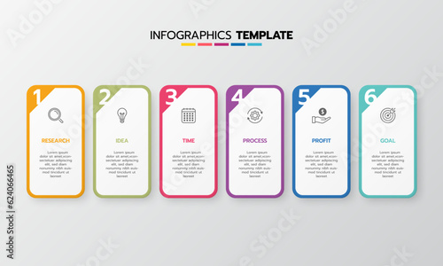 Business infographic template process with simple geometry square, rectangle, circle, triangle, curves in flat design template with thin line icons and 6 options or steps. Vector illustration.