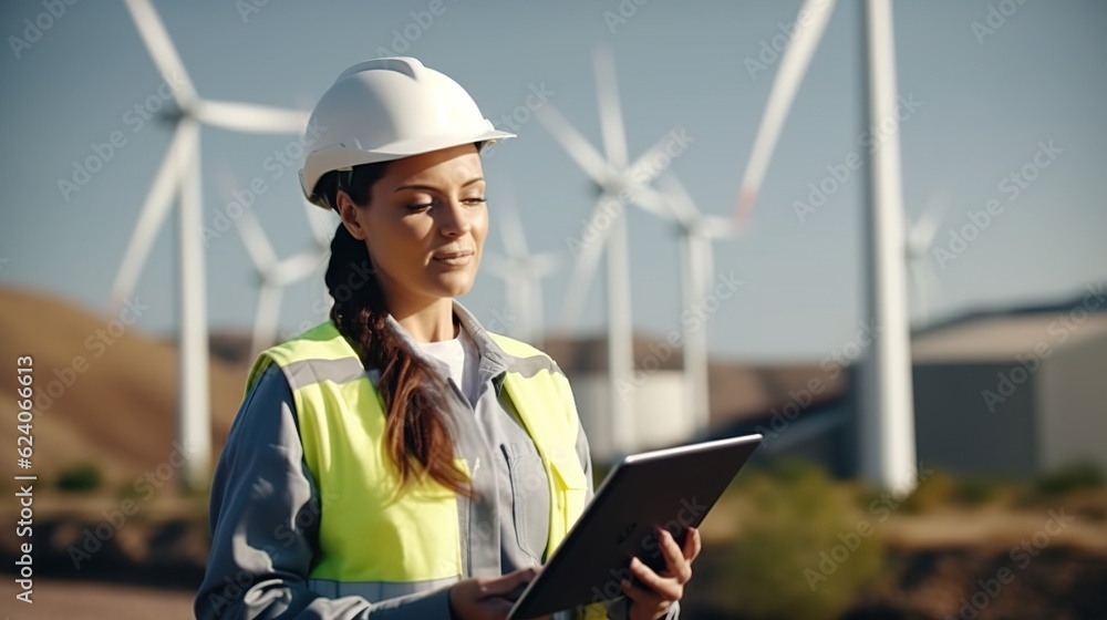 Beautiful caucasian woman in white helmet working with digital tablet at renewable energy farm. Female inspector controlling functioning of wind turbines outdoors with generative ai Beautiful caucasian woman in white helmet working with digital tablet at renewable energy farm. Female inspector controlling functioning of wind turbines outdoors with generative ai
