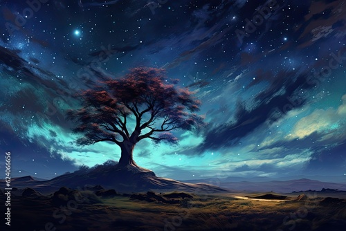 A lone tree in a desolate field  with a vast starry sky overhead  conveying a sense of loneliness amidst the beauty of nature Illustration in oil painting with copy space. Generative AI 