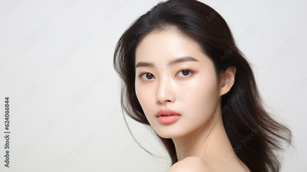 Beautiful young asian woman with clean fresh skin on white background, Face care, Facial treatment with generative ai