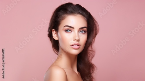Beautiful woman with clean fresh skin on white background, Face care, Facial treatment, glowing face