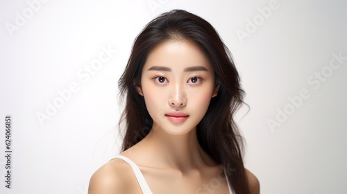 Beautiful young asian woman with clean fresh skin on white background  Face care  Facial treatment with generative ai