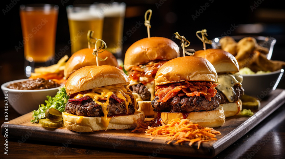 A platter of flavorful and juicy sliders, topped with melted cheese, pickles, and a special sauce A platter of flavorful and juicy sliders, topped with melted cheese, pickles, and a special sauce